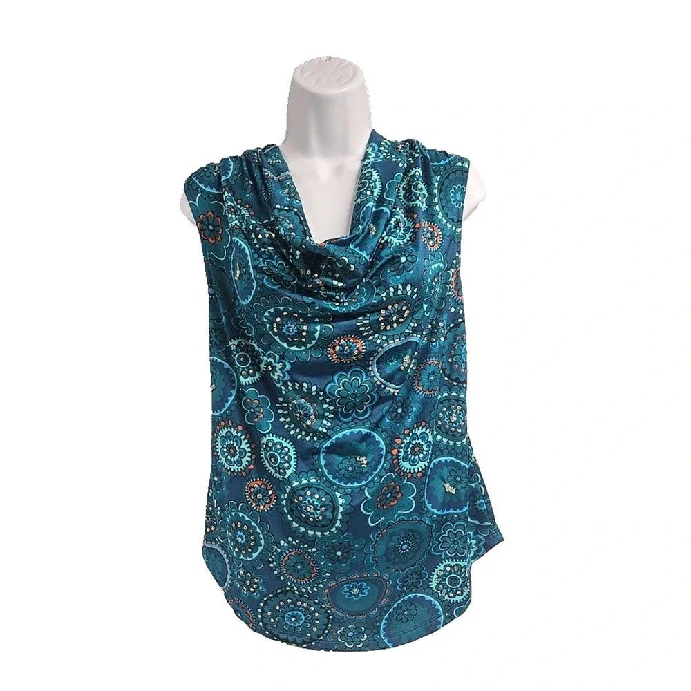 International Consept Womens Blouse Blues Cowl Neck Sleeveless Sequined Size M